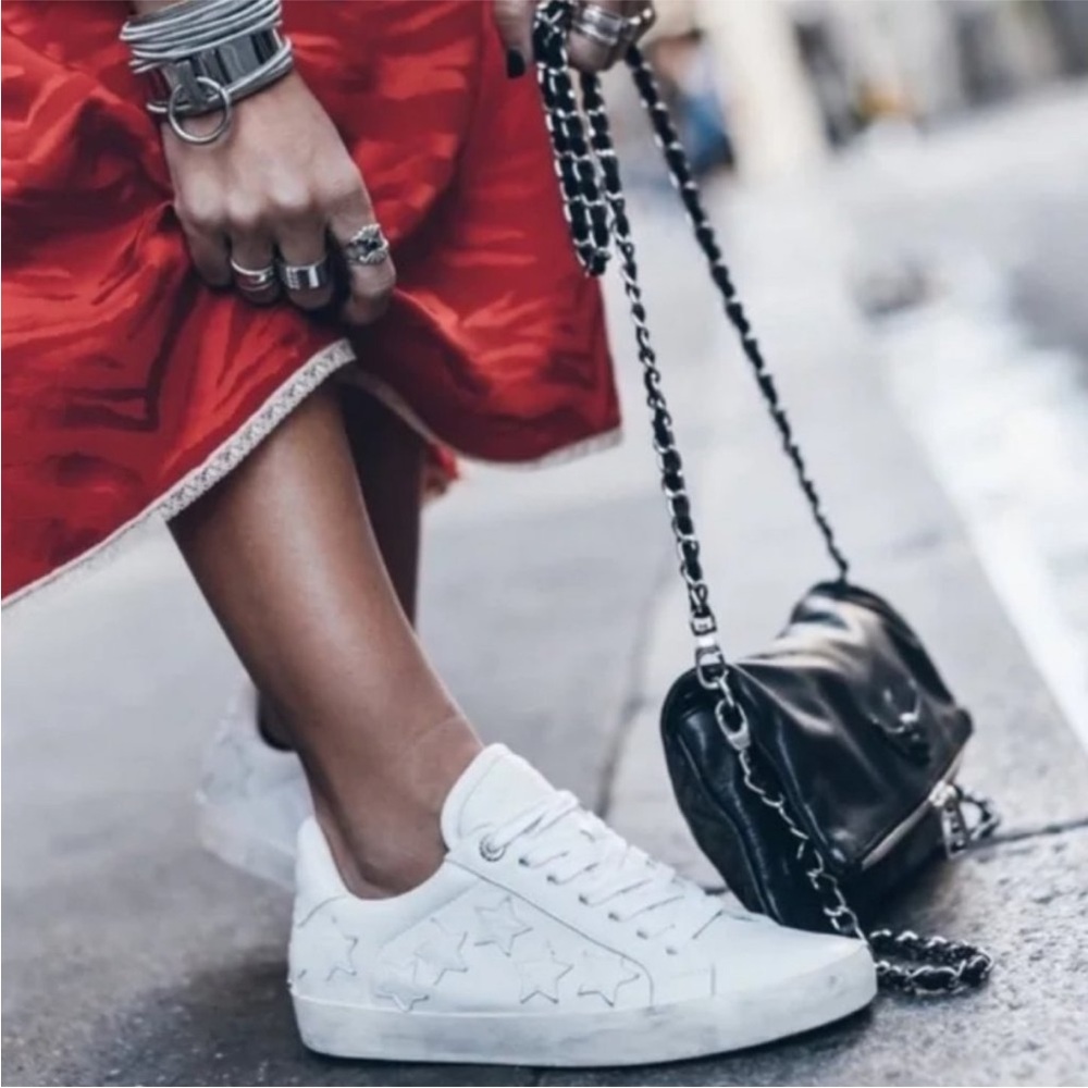 Zadig & Voltaire Stars Leather Sneakers Size 9 (40) White Distressed - Picture 3 of 9